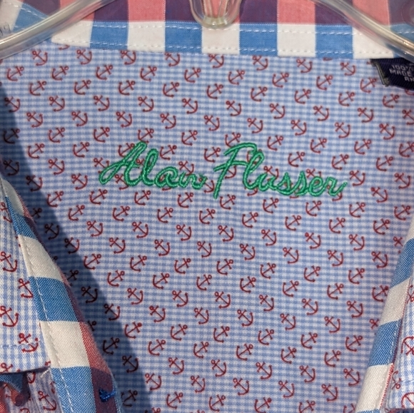 ALAN FLUSSER XL Nautical Button Up Shirt Short Sleeve Anchor Beach 100% Cotton - Picture 9 of 10